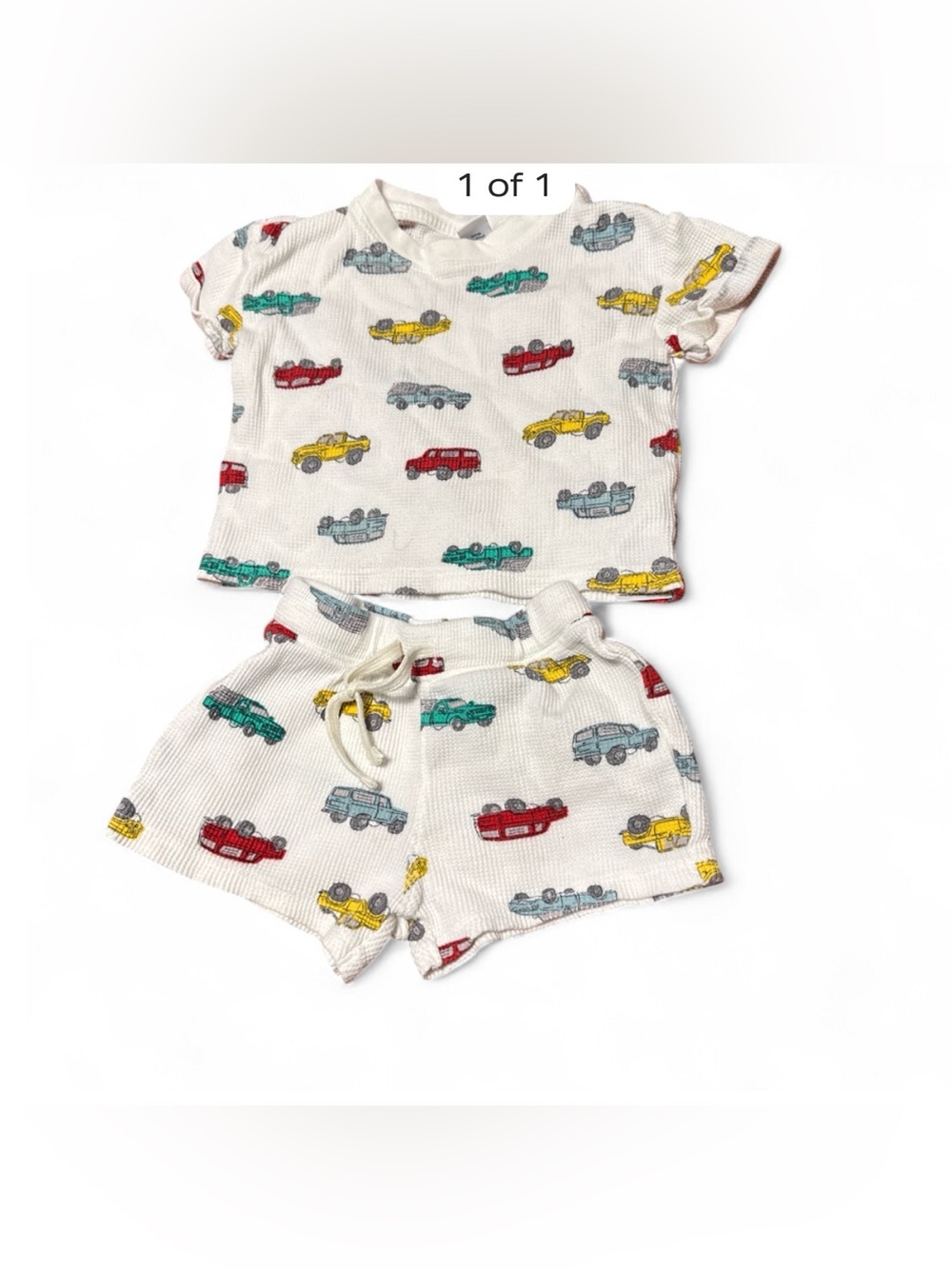 Old Navy White Two-Piece Kids Set with Red, Yellow, Teal, Gray Cars